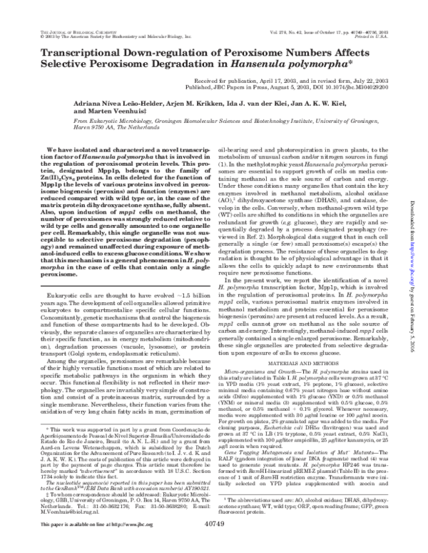 (PDF) Transcriptional Down-regulation of Peroxisome Numbers Affects