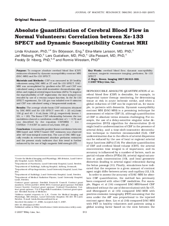 (PDF) Absolute Quantification of Cerebral Blood Flow With Magnetic ...