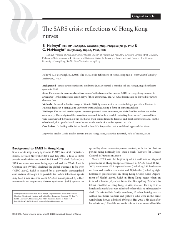 (PDF) The SARS crisis: reflections of Hong Kong nurses