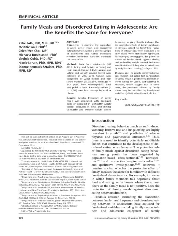 (PDF) Family Meals and Disordered Eating in Adolescents