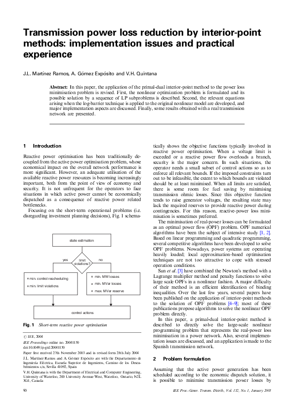 (PDF) Transmission power loss reduction by interiorpoint methods
