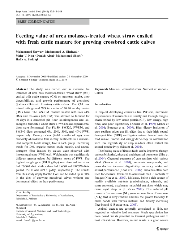 (PDF) Feeding value of urea molassestreated wheat straw ensiled with
