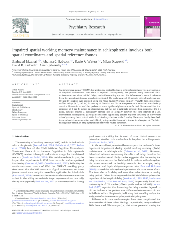 (PDF) Impaired spatial working memory maintenance in schizophrenia ...