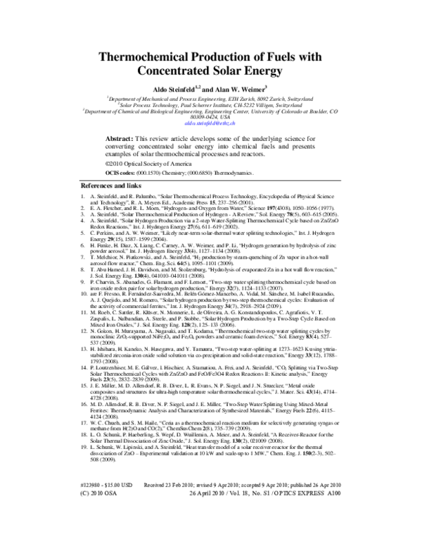 (PDF) Thermochemical production of fuels with concentrated solar energy