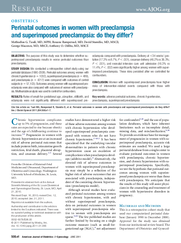 (PDF) Perinatal outcomes in women with preeclampsia and superimposed ...