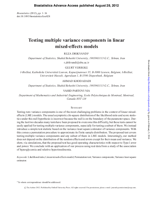 (PDF) Testing multiple variance components in linear mixed-effects models