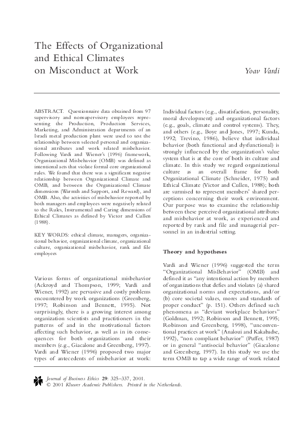 (PDF) The effects of organizational and ethical climates on misconduct ...