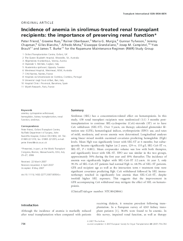 (PDF) Incidence of anemia in sirolimus-treated renal transplant ...