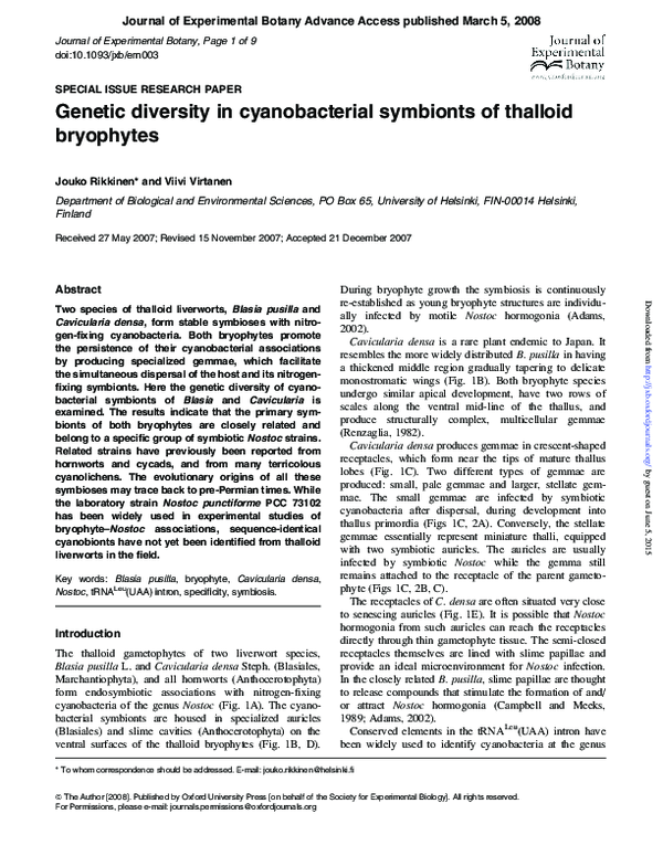 (PDF) Genetic diversity in cyanobacterial symbionts of thalloid bryophytes