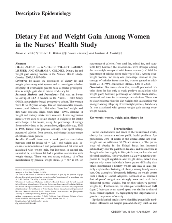 (PDF) Dietary fat and weight gain among women in the Nurses Health Study