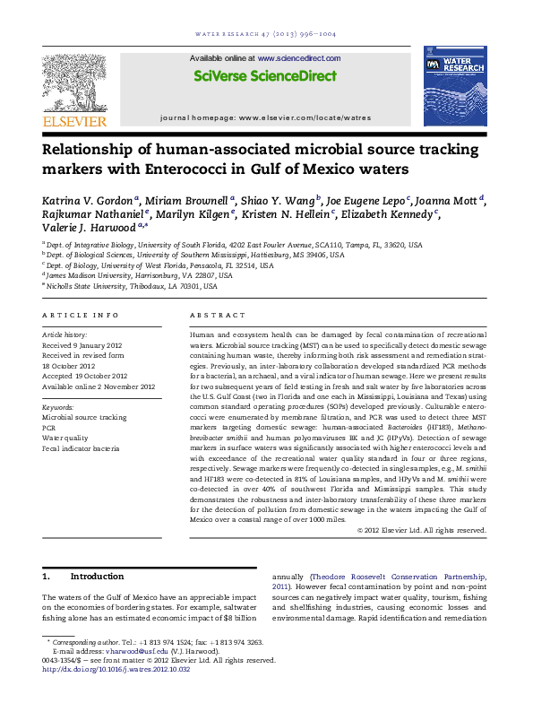 (PDF) Relationship of human-associated microbial source tracking ...