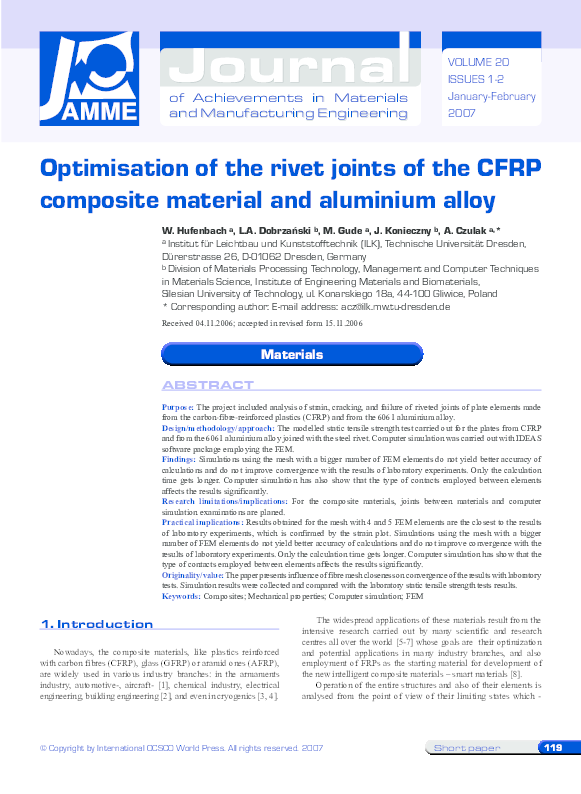(PDF) Optimization of the rivet joints of the CFRP composite material ...