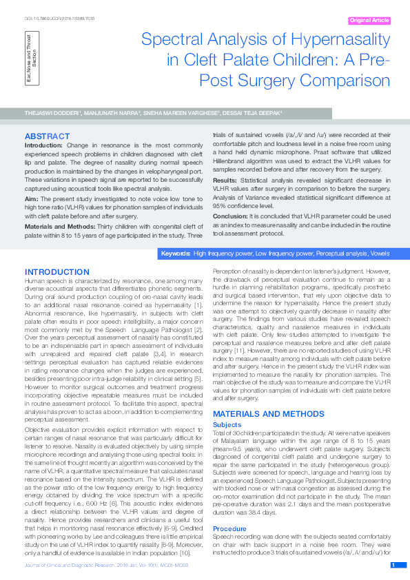 (PDF) Spectral analysis of hypernasality in cleft palate children: A ...