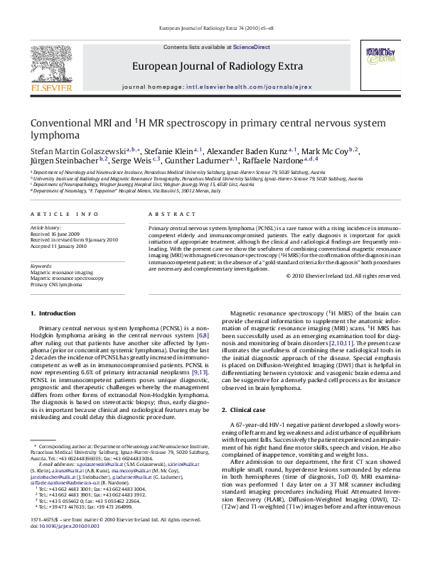 (PDF) Conventional MRI and 1H MR spectroscopy in primary central ...