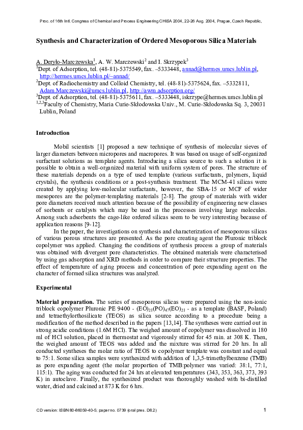 (PDF) Synthesis and Characterization of Ordered Mesoporous Silica ...