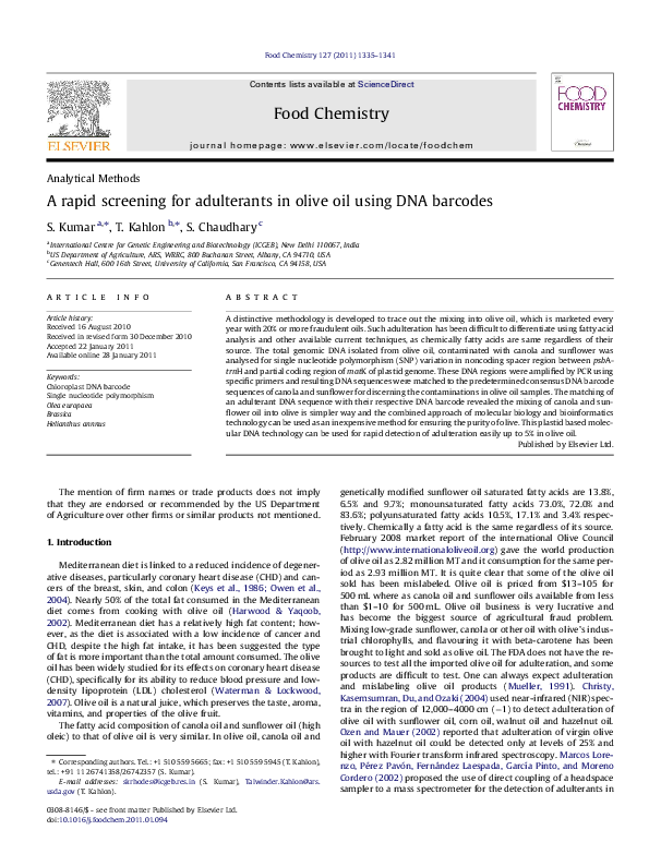 (PDF) A rapid screening for adulterants in olive oil using DNA barcodes