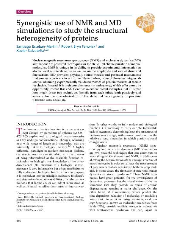(PDF) Synergistic use of NMR and MD simulations to study the structural ...