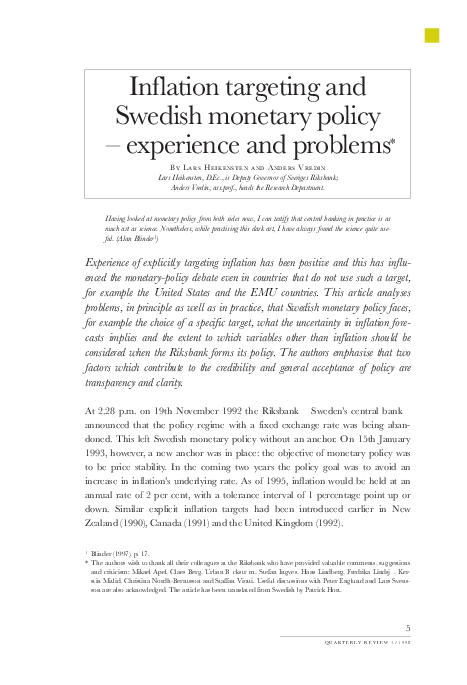 (PDF) Inflation targeting and Swedish monetary policy - experience and ...