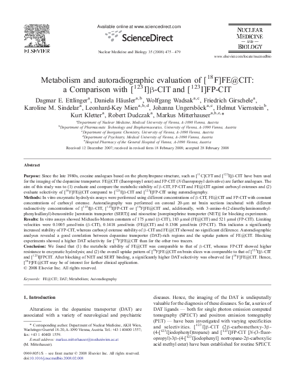 (PDF) Metabolism and autoradiographic evaluation of [18F]FECIT a
