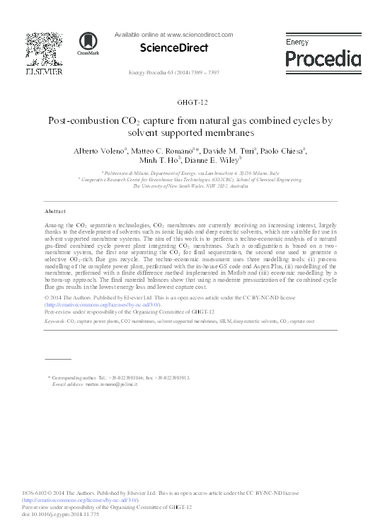 (PDF) Post-combustion CO2 capture from a natural gas combined cycle by ...