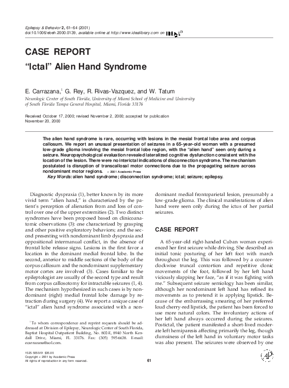 (PDF) “Ictal” Alien Hand Syndrome W. Tatum Academia.edu