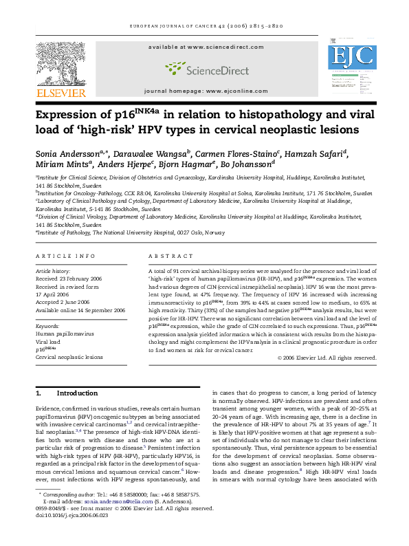 (PDF) Expression of p16INK4a in relation to histopathology and viral ...