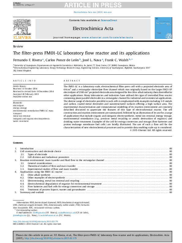 (PDF) The filterpress FM01LC laboratory flow reactor and its applications Frank Walsh