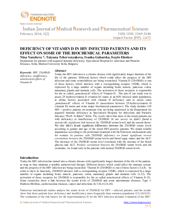 (PDF) DEFICIENCY OF VITAMIN D IN HIV INFECTED PATIENTS AND ITS EFFECT ...