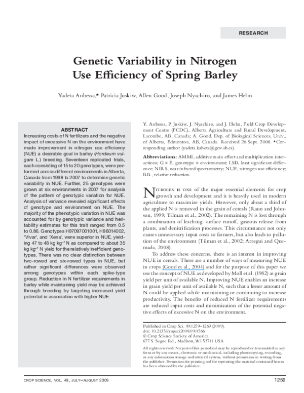 (PDF) Genetic Variability in Nitrogen Use Efficiency of Spring Barley