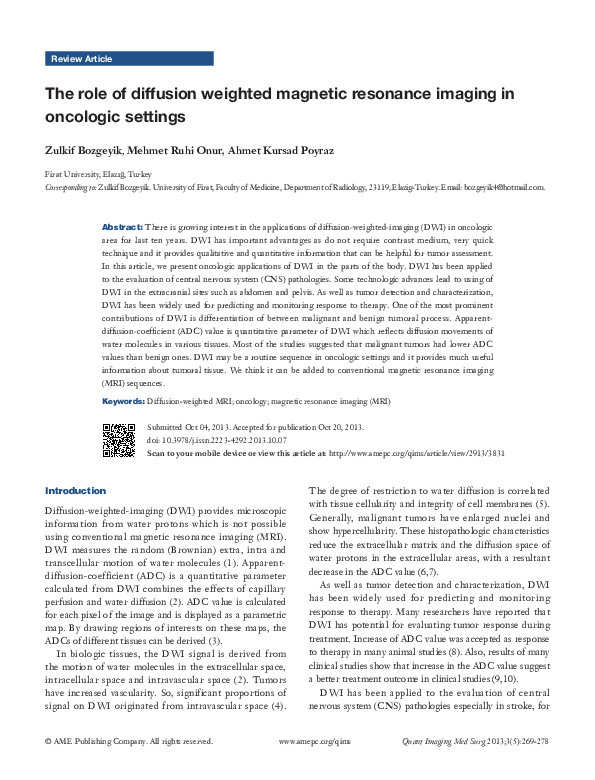 (PDF) The role of diffusion weighted magnetic resonance imaging in ...