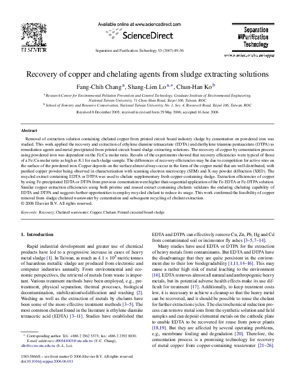 (PDF) Recovery of copper and chelating agents from sludge extracting ...
