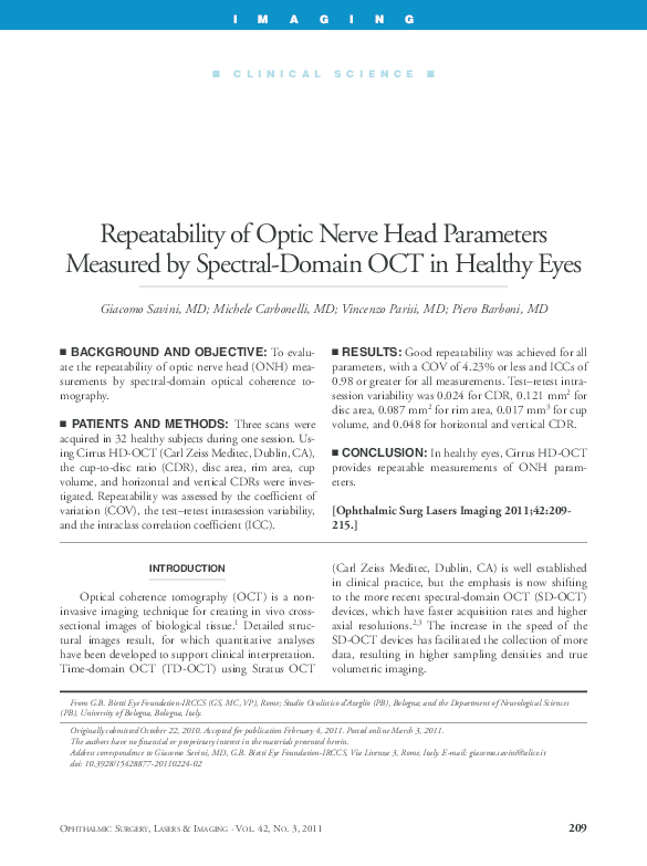 (PDF) Repeatability of Optic Nerve Head Parameters Measured by Spectral ...