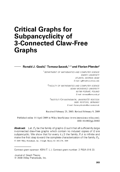 (PDF) Critical graphs for subpancyclicity of 3-connected claw-free graphs