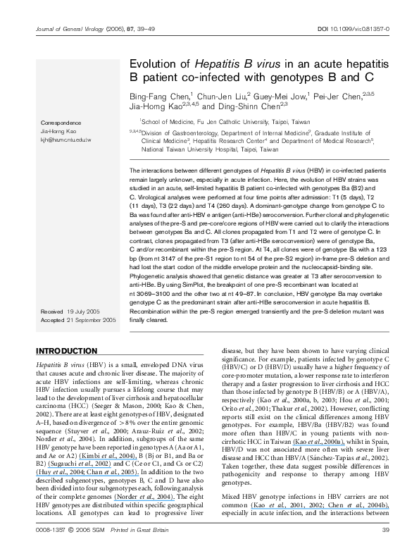(PDF) Evolution of Hepatitis B virus in an acute hepatitis B patient co ...