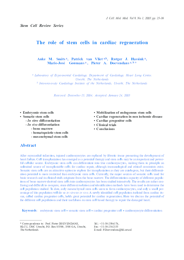 (PDF) The role of stem cells in cardiac regeneration