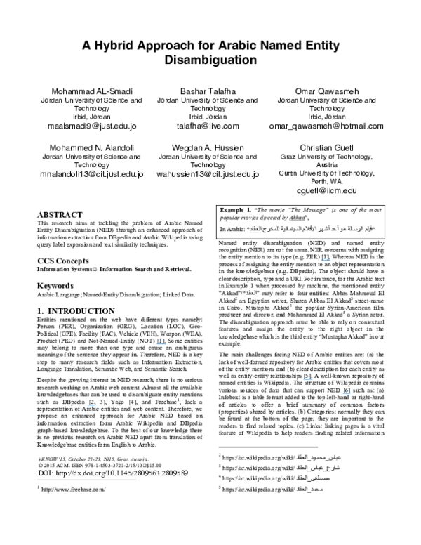 (PDF) A Hybrid Approach for Arabic Named Entity Disambiguation