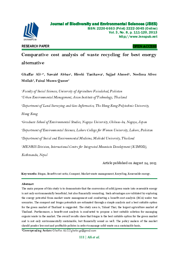 (PDF) Comparative cost analysis of waste recycling for best energy ...