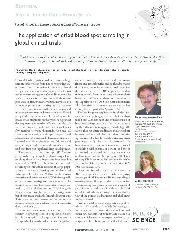 (PDF) The application of dried blood spot sampling in global clinical ...