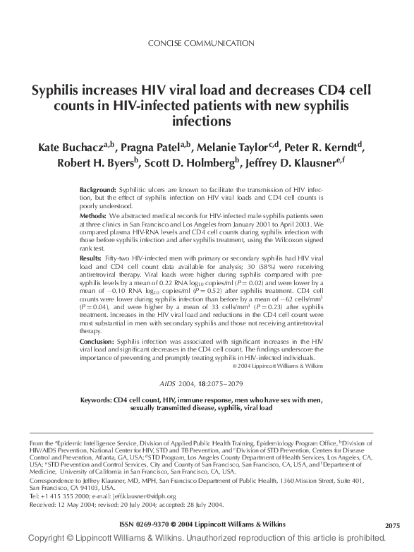 (PDF) Syphilis increases HIV viral load and decreases CD4 cell counts ...