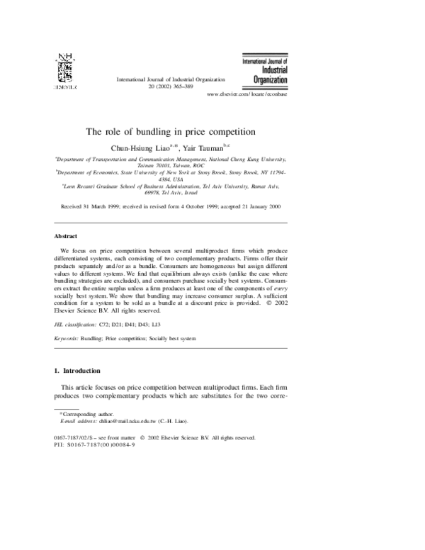 (PDF) The role of bundling in price competition