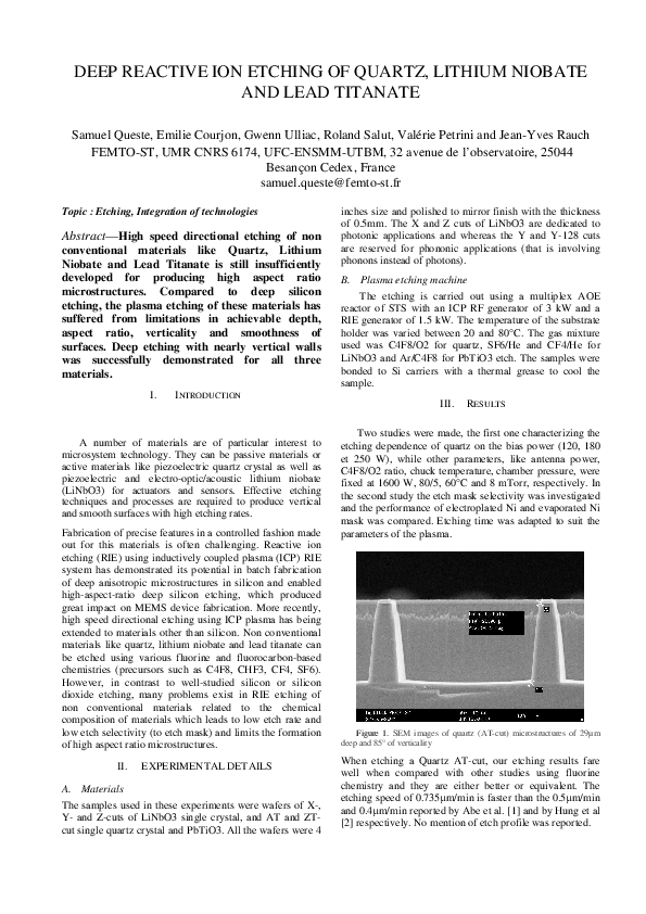 (PDF) Deep reactive ion etching of quartz, lithium niobate and lead ...