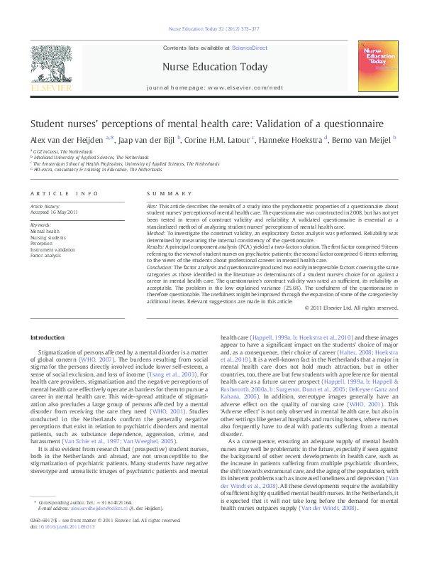 (PDF) Student nurses' perceptions of mental health care: Validation of ...