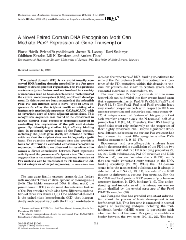 (PDF) A Novel Paired Domain DNA Recognition Motif Can Mediate Pax2 ...