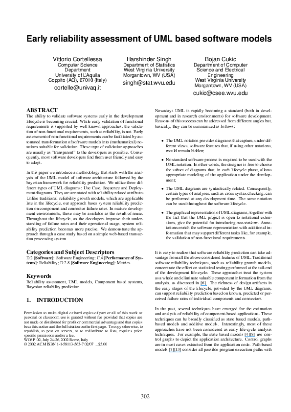(PDF) Early reliability assessment of UML based software models