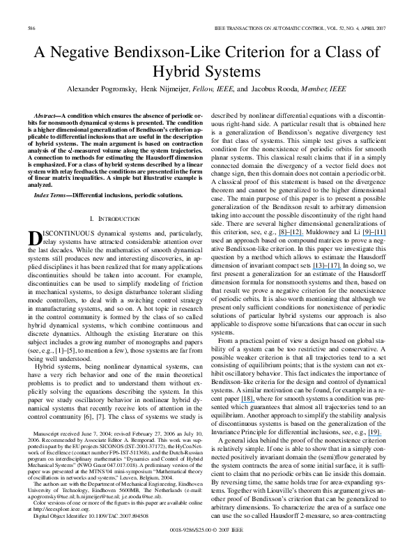 (PDF) A Negative Bendixson-Like Criterion for a Class of Hybrid Systems