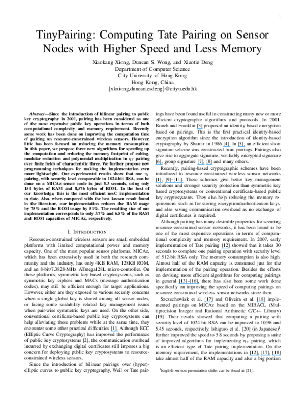 (PDF) TinyPairing Computing Tate Pairing on Sensor Nodes with Higher