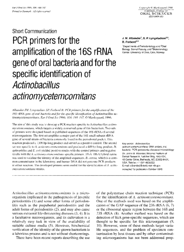 (PDF) PCR primers for the amplification of the 16S rRNA gene of oral ...