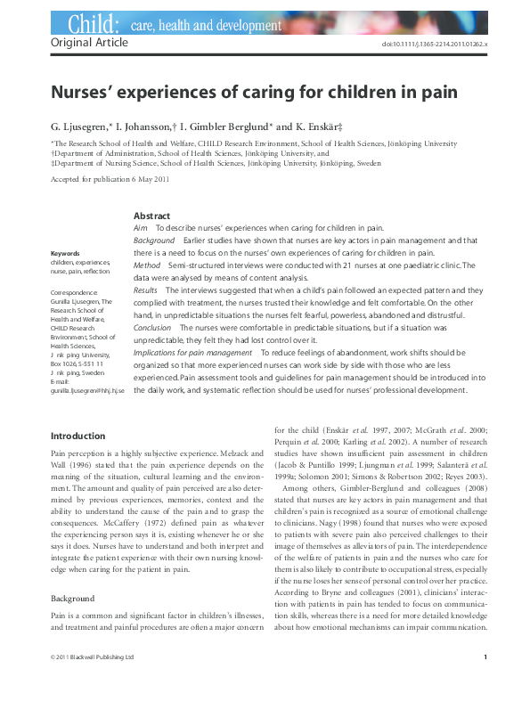 (PDF) Nurses' experiences of caring for children in pain