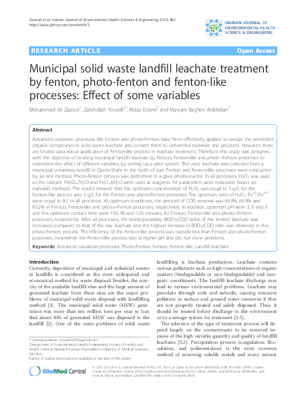(PDF) Municipal solid waste landfill leachate treatment by fenton ...