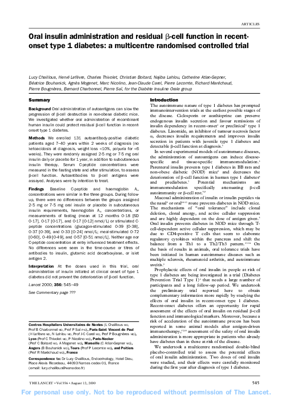 (PDF) Oral insulin administration and residual (β-cell function in ...